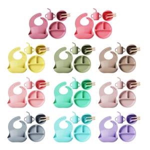6pcs Baby Feeding Set Suction Plate and Bowl Silicone Fork and Spoon with Drooling Bib for Toddler and Preschoolers