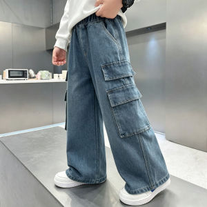 F-16 Kids Boy Jeans Korean Style Retro Ripped Wide Leg Pants Loose Straight Leg Sports Pants for Older Kids