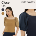 Kurt Woods Puff Short Sleeve Ladies Top | Tan & Navy. 