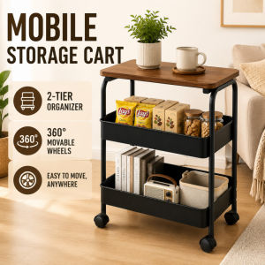 2 Tier Mobile Storage Cart With Wooden Top Multi Purpose Organizer Trolley Rack