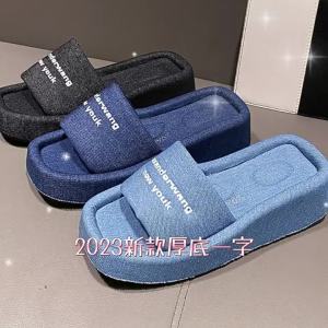 New Model Of Outdoor Wear Da Wangjia Thick-Soled Platform Wedge Sandals For Women Denim Blue Fabric In Stock