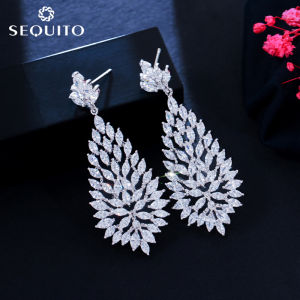 SEQUITO Fashion Women Jewelry Silver Plated Pave Setting Bling AAA Marquise Cut Cubic Zircon Hollow Out Long Drop Dangle Earrings Ladies Evening Party Ear Decoration SE868