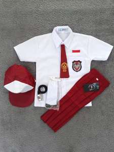 setelan seragam sekolah merah putih perempuan lengan pendek sd kelas 1-6 topi merah putih