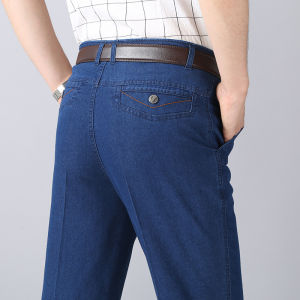 Mens Middle-Aged Casual Stretch Jeans Summer Thin Loose Straight Leg Jeans Korean Style Slim Pants
