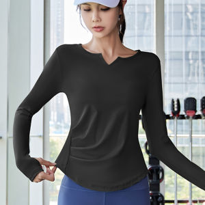 Thể thao cho nữ áo sơ mi tay áo dài có lỗ xỏ ngón cái áo phông thể thao phòng tập thể dục Áo tập thể dục thể dục thể thao v-cổ gấp HEM chạy trang phục tập yoga