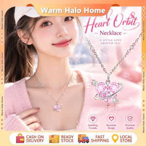 Pink Heart Planet Necklace for Women Shiny Zircon Cupid Arrow Heart Pendant Necklace Sweet Jewelry Gift