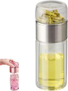 Nhdap 3-In-1 Tea Tumbler with Infuser Portable Leak-Proof Glass Tea Infuser Bottle for Loose Leaf Tea Double Wall Glass Water Cup Teapot with Stainless Steel Filter for Office Travel (Black 280ml)