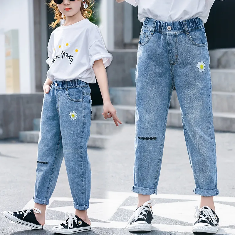 Korean Pants for Teens Girls 12 to 15 Embroidery Pattern Slim Fit Pants for Kids  Girl Jeans for Kids Girl Baggy Pants for Teen Girls (130-150cm)