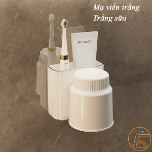 Giá treo bàn chải và để kem đánh răng dán tường kèm cốc tiện lợi - Hộp đựng dao cạo râu tuýp rửa mặt trong nhà tắm - Giá đỡ dán tường để