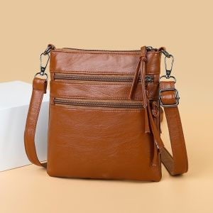 Fashion Zipper Mobile Phone Pouch PU Leather Soft Leather Vertical Square Bag Solid Color 3 Layers Single Shoulder Bag Gifts