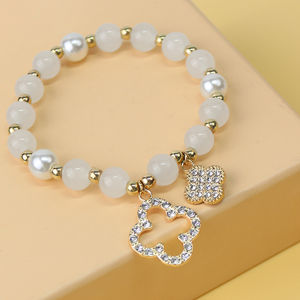🎀Lacina🎀Ins Style White Cat Eye Stone Bracelet Crystal Bracelet Women Clover Pendant Hand String