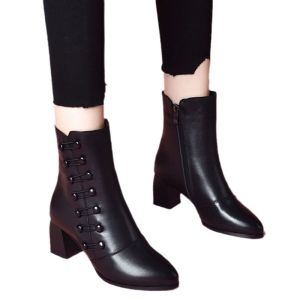 【COD】Womens Fashion Mid-calf Boots Cool Black High-heeled Motorcycle Boots with Zipper 35-42