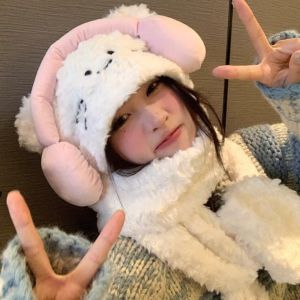 LIGHTER อบอุ่นและอบอุ่น ผ้าพันคอตุ๊กตาแมว น่ารักน่ารักๆ แมว KT หูฟังคิตตี้หมวกแมว แฟชั่นสำหรับผู้หญิง ที่ปิดหูกันหนาว ฤดูหนาวใบไม้ร่วง