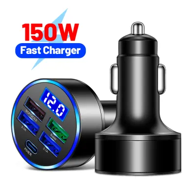 Kebidumei 200W USB Car Charger 6 Ports PD QC3.0 Fast Charging With Atmosphere Light and Voltage Display USB C Car Phone Charger Type C Adapter For Phone