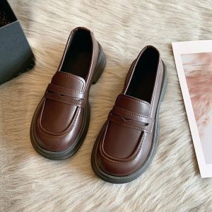 Free Shipping WomenS Small Leather Shoes New Autumn Collection Black Platform Loafers Slip-On Style Suitable For JK Uniforms