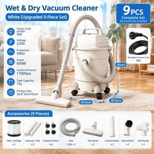 Lecon Canister Type White Dry Vacuum Cleaner 1500W High Power 17000Pa Suction Universal Wheels 15L Tank for Home Dust Sofa and Floor Cleaning