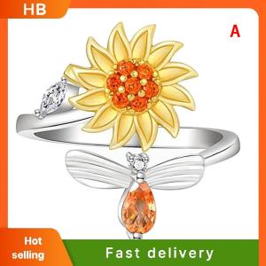 HB Opening Adjustable Spinning Sunflower Bee Release Stress Ring Rotatable Zircon Copper Finger Ring For Women Fashion Jewelry