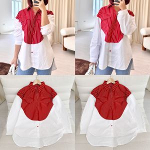 SJM KEMEJA WANITA MERAH PUTIH STRIPED BAHAN KATUN SALUR PREMIUM LENGAN PANJANG 2925