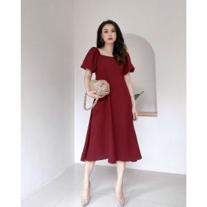 Monic Dress Gaun Gereja Natal Maroon Korean Style Big Size  Baju Wanita  Wolfis Premium Casual Midi