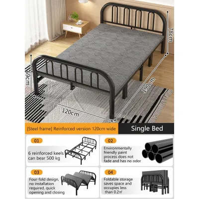 Double/Single Metal Bed Frame With Sponge 4 Fold Style Foldable Bed Household Dormitory Simple Small Bed Portable Folding Bed 90/100/120CM