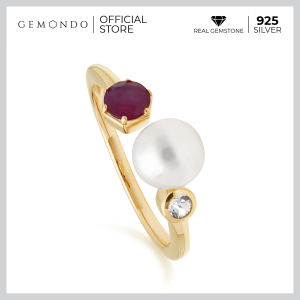 Gemondo แหวนมุก 925 เงินแท้ชุบทองสี 22K ประดับทับทิม (Ruby) และโทแพซ (Colorless Topaz) ดีไซน์โมเดิร์น