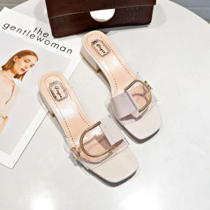 Korean Single Band Square Peep Toe Low Heels Sandals for Women