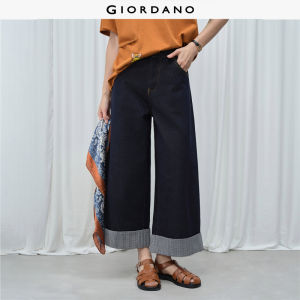 Giordano Women Fading-resistant Patchwork Plaid Tapered Cuff Wide Leg Jeans - High Quality Free Shipping 18416607