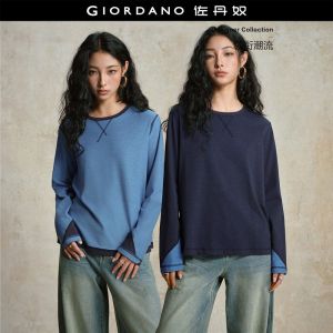 GIORDANO Women T-Shirts Reversible Wear Two-Tone Cotton Tee Crewneck Long Sleeve Fashionable Casual Relaxed T-Shirts 18326233