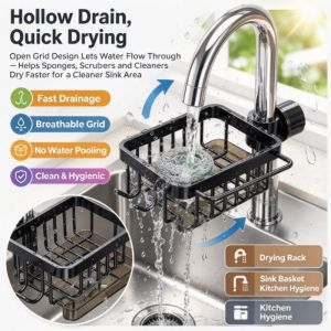Kitchen Faucet Rack Sink Organizer Faucet Storage Holder Kitchen Sink Caddy Sponge Holder Soap Holder Space Saving Drainable Rustproof Kitchen Storage Rack