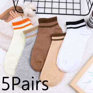 【♡Lovely girls house♡】5Pairs ถุงเท้าข้อต่ำสีทึบลายแฟชั่นลำลองสำหรับผู้หญิงหญิงสาวนิ่มที่สร้างสรรค์ถุงเท้าผ้าฝ้ายสูงระดับข้อเท้าระบายอากาศใส่สบาย