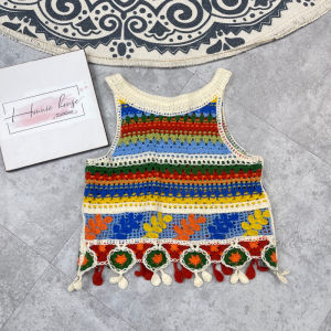 Áo len sợi croptop hoạ tiết thổ cẩm xinh xắn mặc đi biển du lịch