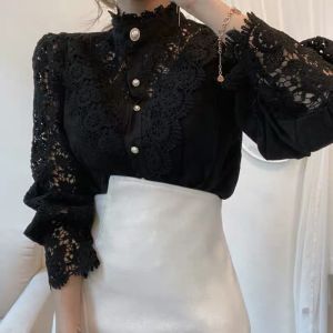 Vintage Solid White Lace Blouse Shirts Women New Korean Button Loose Shirt Tops Female Hollow Casual Ladies Blouses Blusas2026
