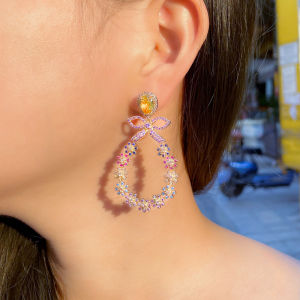 SEQUITO Fashion Bohemian Ear Jewelry Multicolor Cubic Zircon Stone Setting Gold Color Big Long Flower Drop Dangling Boho Earrings for Women SE521