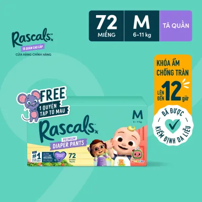 Tã/Bỉm Quần Rascals Cocomelon Size M (6-11kg) 72 miếng - Kèm Sách tô màu (Ngẫu nhiên)