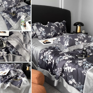 Bộ chăn ga gối cao cấp 100%Tencel 100s Digital Print Bộ 5 món chăn chần hè 2023 phối ren siêu mềm mát mịn