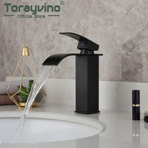 LDIES Torayvino Bathroom Black Painting Basin Sink Faucet Solid Brass Black Waterfall Deck Mounted Faucet Cold And Hot Mixer Water Tap 9P4B6
