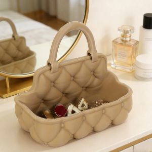 LLCY Solid Color Handbag Storage Basket Handbag Design Warm Style Desktop Storage Basket Multipurpose Plaid Pattern Cosmetics Storage Box Desktop Organization