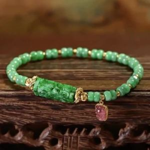 Natural Grade A Jadeite Carved Tube Bracelet S925 Gold Plated Pink Tourmaline Nine-Tailed Fox Charm Women Oriental Jewelry