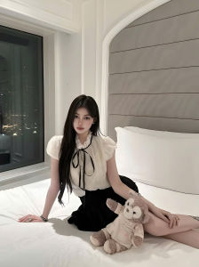 Set 2 Món Gồm Áo Sơ Mi Tơ Lót Ren Tay Bồng Đính Cúc Ngọc Thắt Dây Nơ + Chân Váy Cạp Chun Bản To Dáng Xoè 2 Tầng
