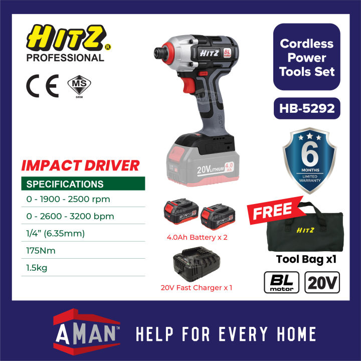HITZ 20V Impact Driver Cordless Brushless Rechargeable Electric