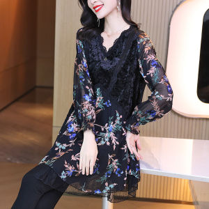 เสื้อปักลายดอกไม้ยาวปานกลางคลุมหน้าท้องกำมะหยี่สำหรับผู้หญิงฤดูใบไม้ผลิ2024ขนาดพิเศษเสื้อชีฟองดูอ่อนเยาว์