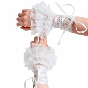 MODERNLUX Ruffled Lace Womens Fingerless Gloves Elastic Band Ribbon Tie Lace Arm Sleeves Elegant Lolita Style Wrist Cuffs Cosplay Use