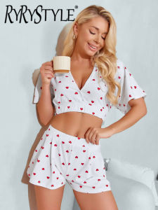 Heart Printing Pajamas With Shorts Two Pieces Women V-Neck Cropped Tops And Wide Legs Shorts Homewear Female Outfits