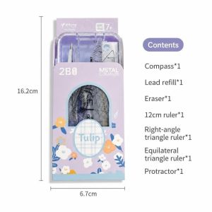IFFINE 2/7pcs Hoa Tulip Bộ compa học sinh Thước đo có vạch chia rõ ràng Di động Bộ thước đo hình học Kawaii Công cụ vẽ toán học Quà tặng