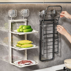 Rak Pinggan Sisi Cawan Sedut 3-Lapisan Suction Cup Kitchen Preparing Rack Foldable Side Dish Plate Wall-Mounted Multi-Function Storage Rack