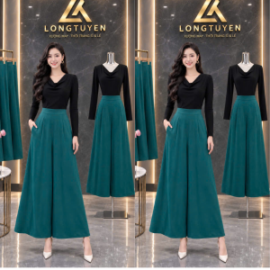 Quần ống rộng nữ dáng dài lưng thun họa tiết Thời Trang QVB