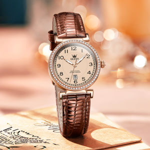 OLEVS 5590 Women Quartz Fashion Watch Gift Round-dial Genuine Leather Watchband Wristwatch Calendar