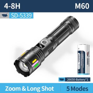 SMILING SHARK SD5339 LED Flashlight Super Bright M60 6000LM 26650 Type-c Rechargeable Torch Light 5Mode Waterproof Outdoor Camping Lighting
