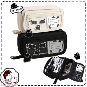 Large Capacity Black Cat Pencil Case Pendant Stickers - Durable Oxford Fabric Organizer Holds 80 Pens