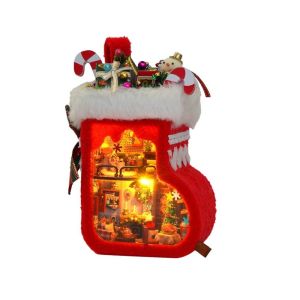 BLISSFUL Handmade Christmas Stocking with Furniture Wooden with LED Lights DIY Christmas Cottage Model Funny Glowing Miniature House Kit For Coffee Table